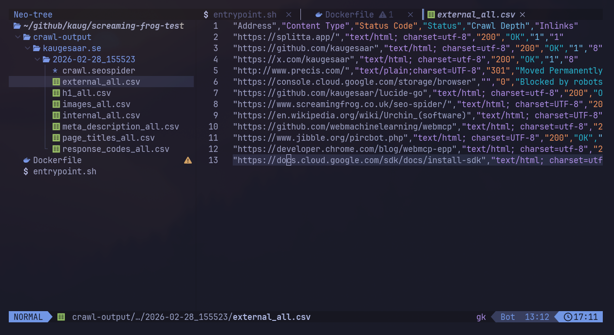 Example of output Screaming Frog output example